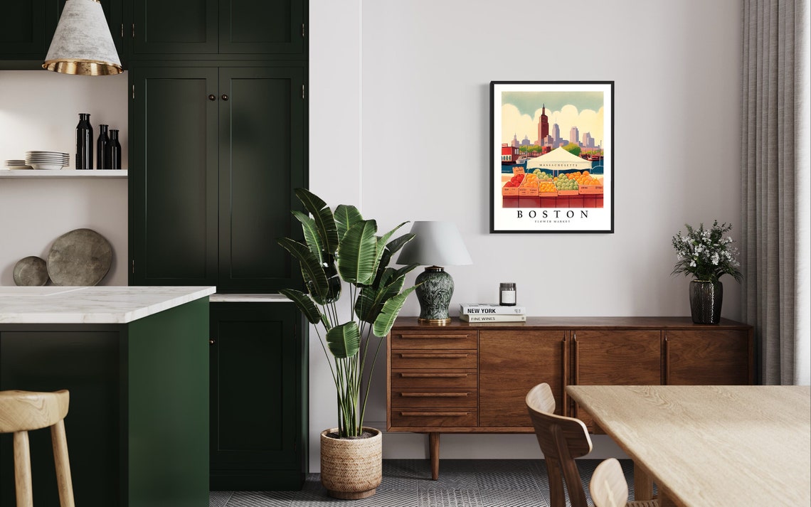 Boston Flower Market Watercolor Fruit Stands City Skyline Poster - Image 3
