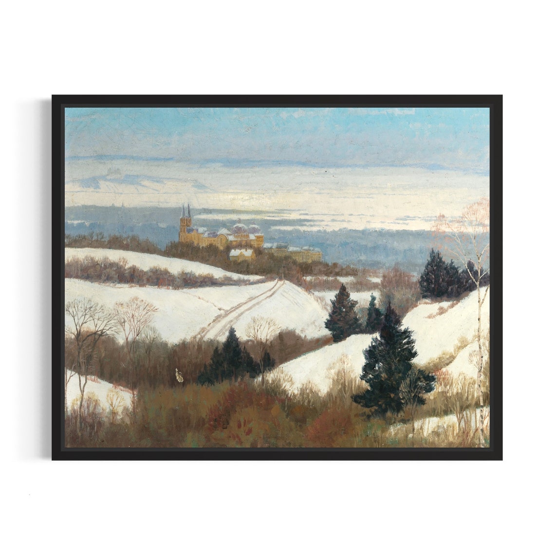 Snowy Hillside Castle in Winter Vintage Landscape Painting Poster