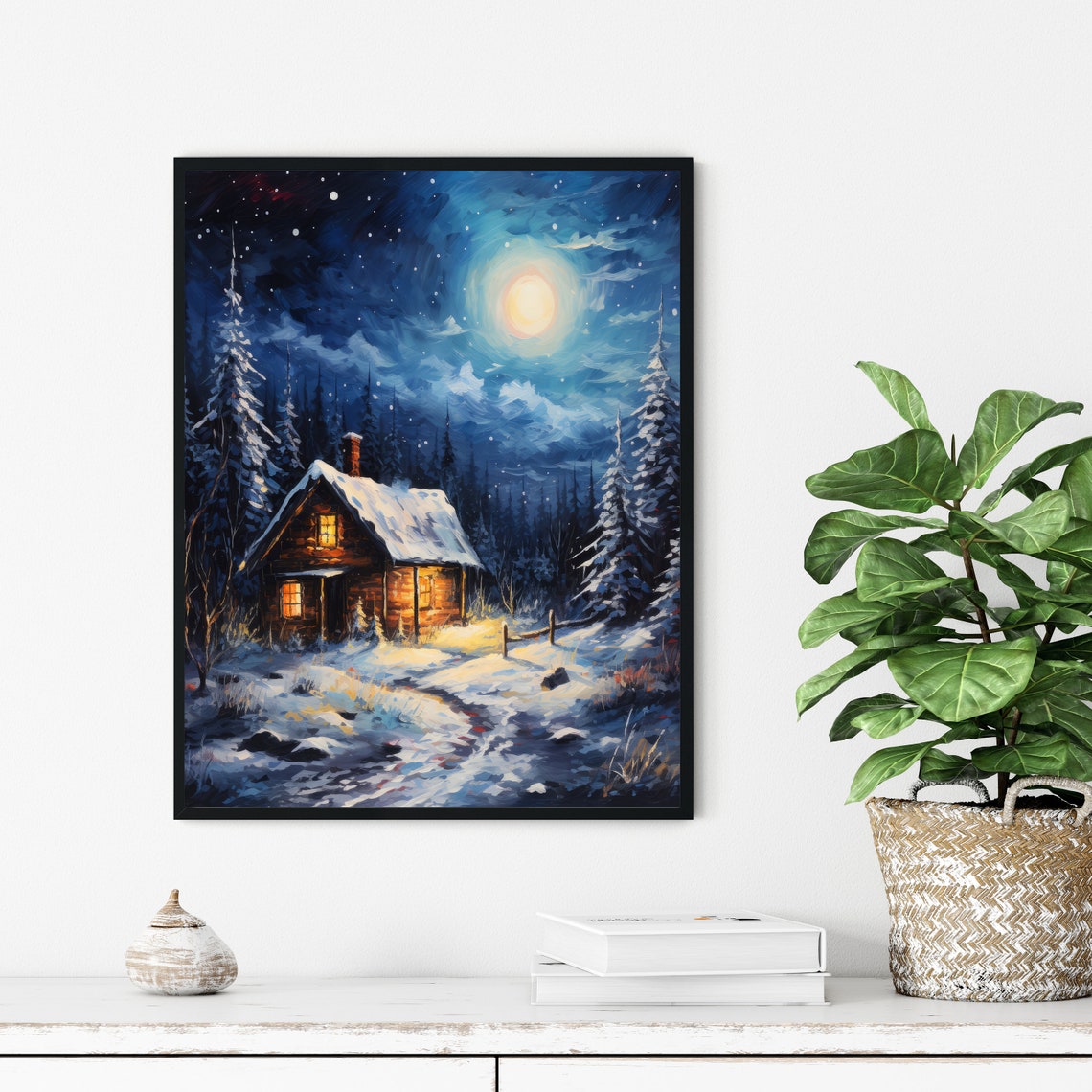 Moonlit Snowy Cabin in the Pine Woods Winter Wonderland Poster - Image 3