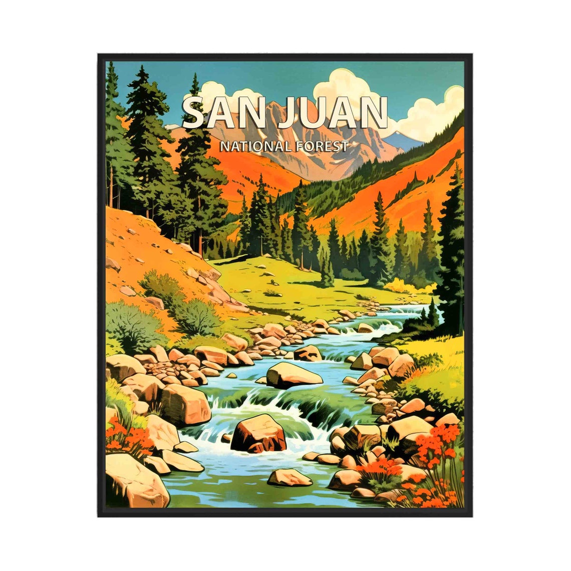 San Juan National Forest Rocky Mountain Stream Retro Travel Poster