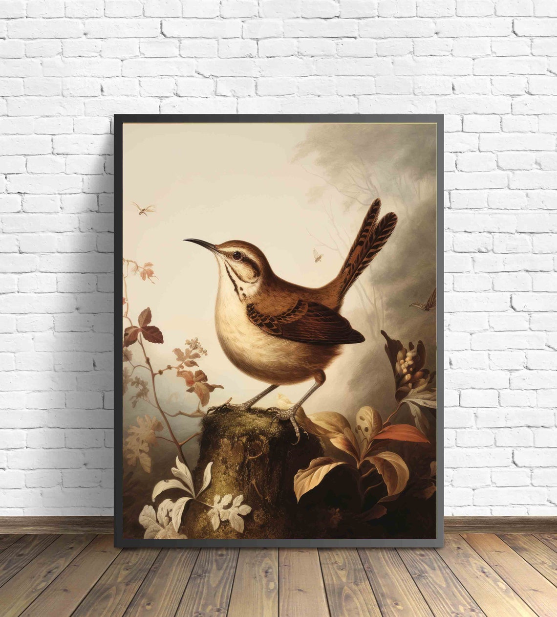 Wren Bird Vintage Naturalist Illustration Mossy Stump Poster