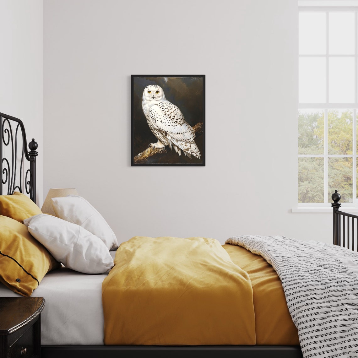 Vintage Snowy Owl Perched On Branch Night Wildlife Art Poster - Image 2