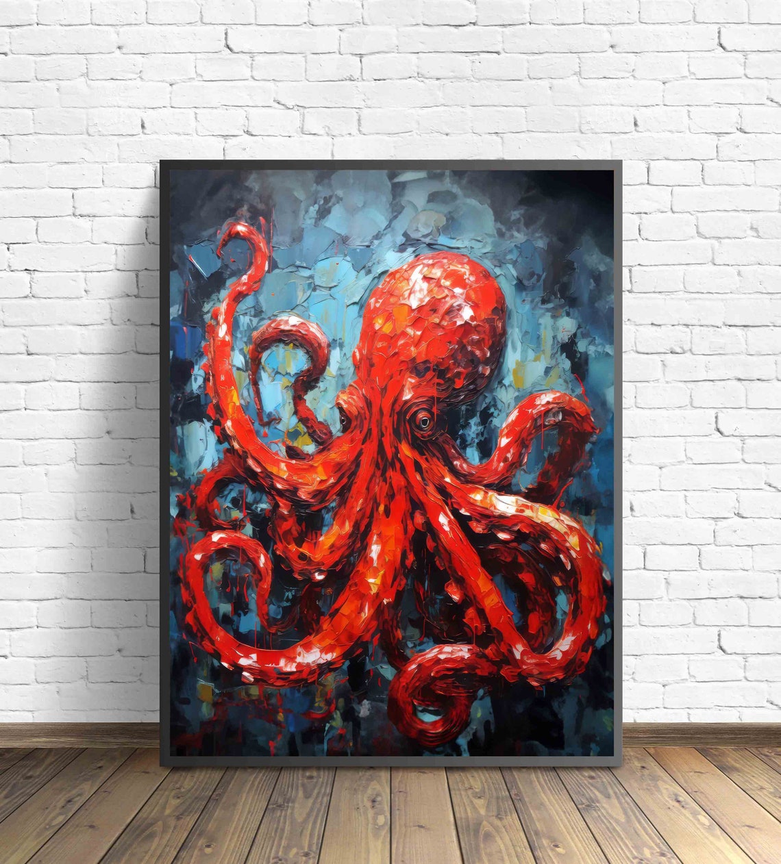 Red Octopus Abstract Sea Creature Bold Oil Painting Wall Art - Image 3