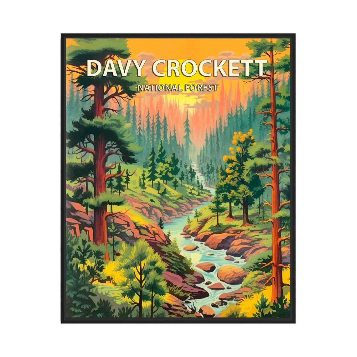 Davy Crockett National Forest Sunset Pines Stream Travel Poster