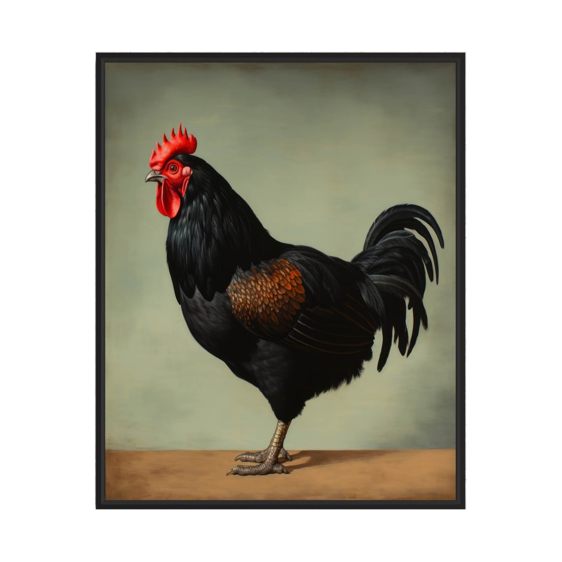 Black Australorp Rooster Vintage Farm Bird Portrait Painting Poster