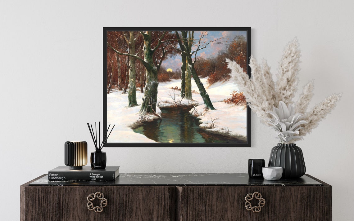 Moonlit Winter Forest Stream Vintage Snowy Landscape Painting Poster - Image 2