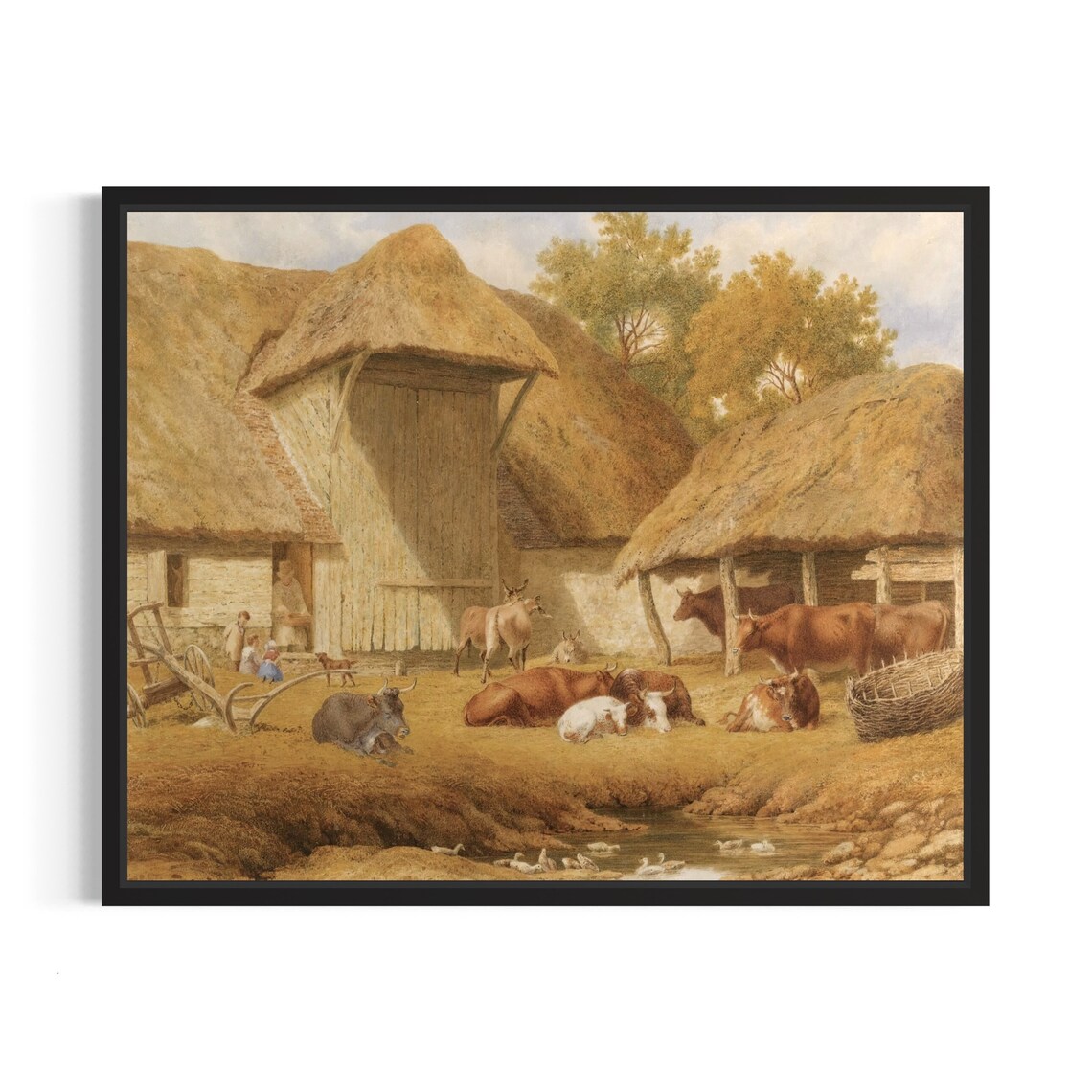 Cattle Resting in Thatched Farmyard Vintage Country Painting Poster