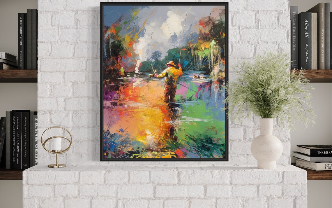Fly Fisherman in the River Colorful Impressionist Art Poster - Image 3
