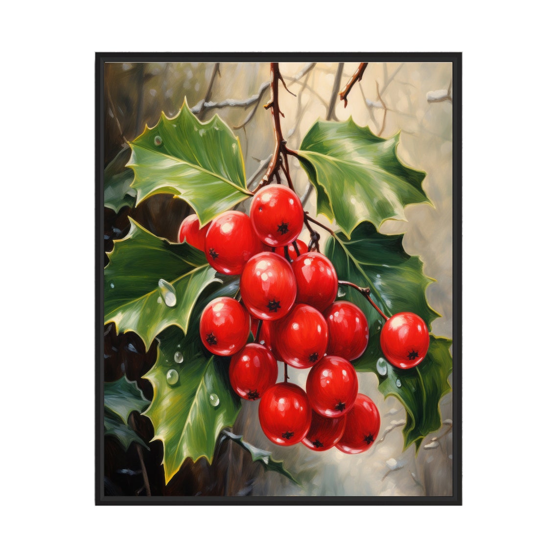 Red Holly Berries Cluster Botanical Winter Branch Painting Poster