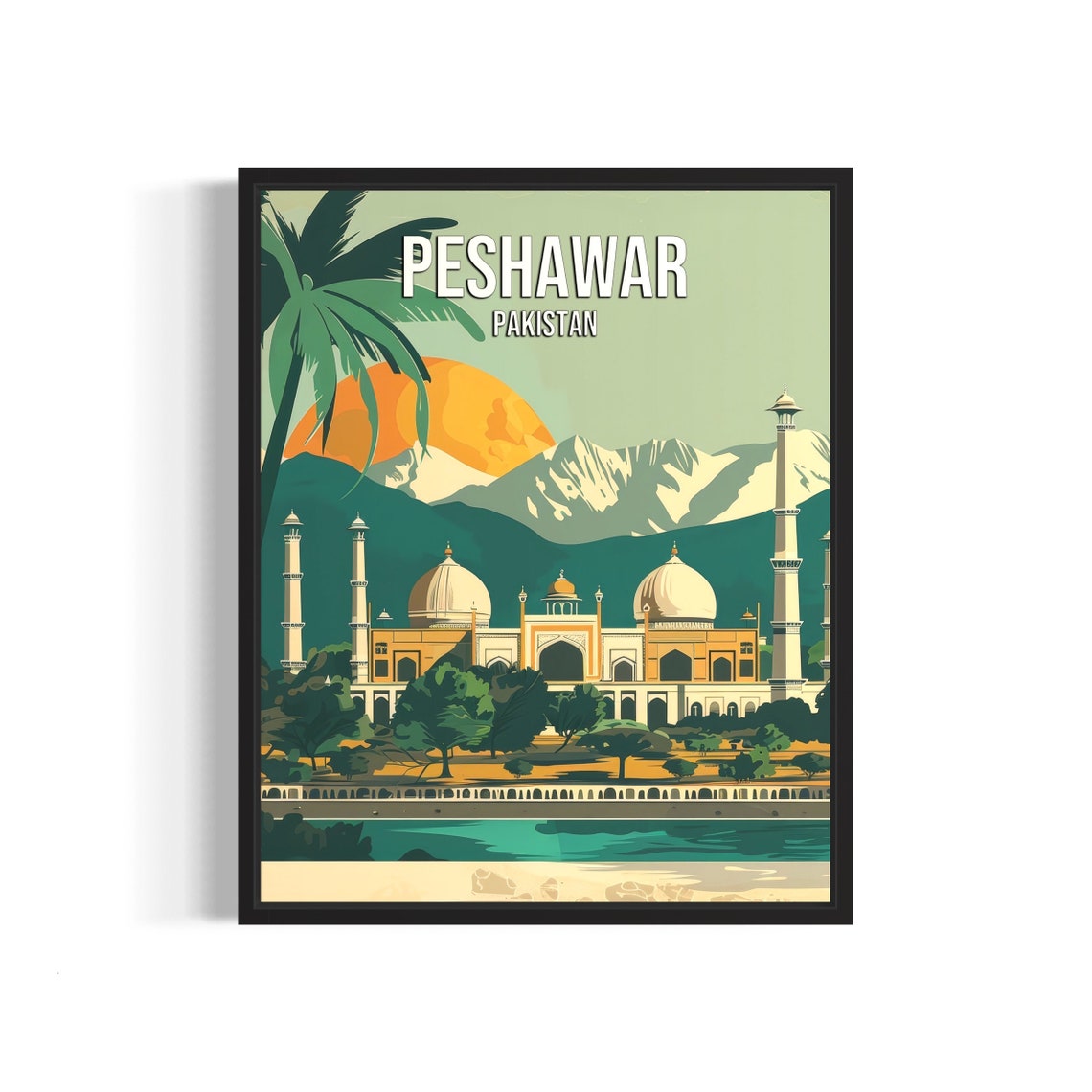 Peshawar Pakistan Sunset Mosque Minarets Vintage Travel Poster
