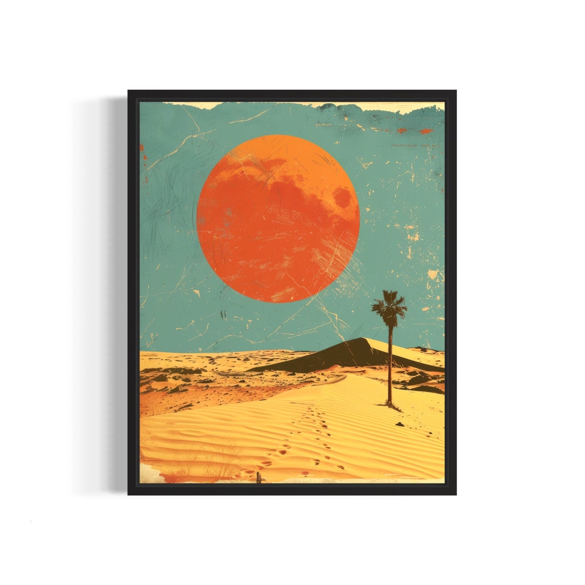 Sahara Desert Giant Red Sun Lone Palm Minimalist Travel Poster