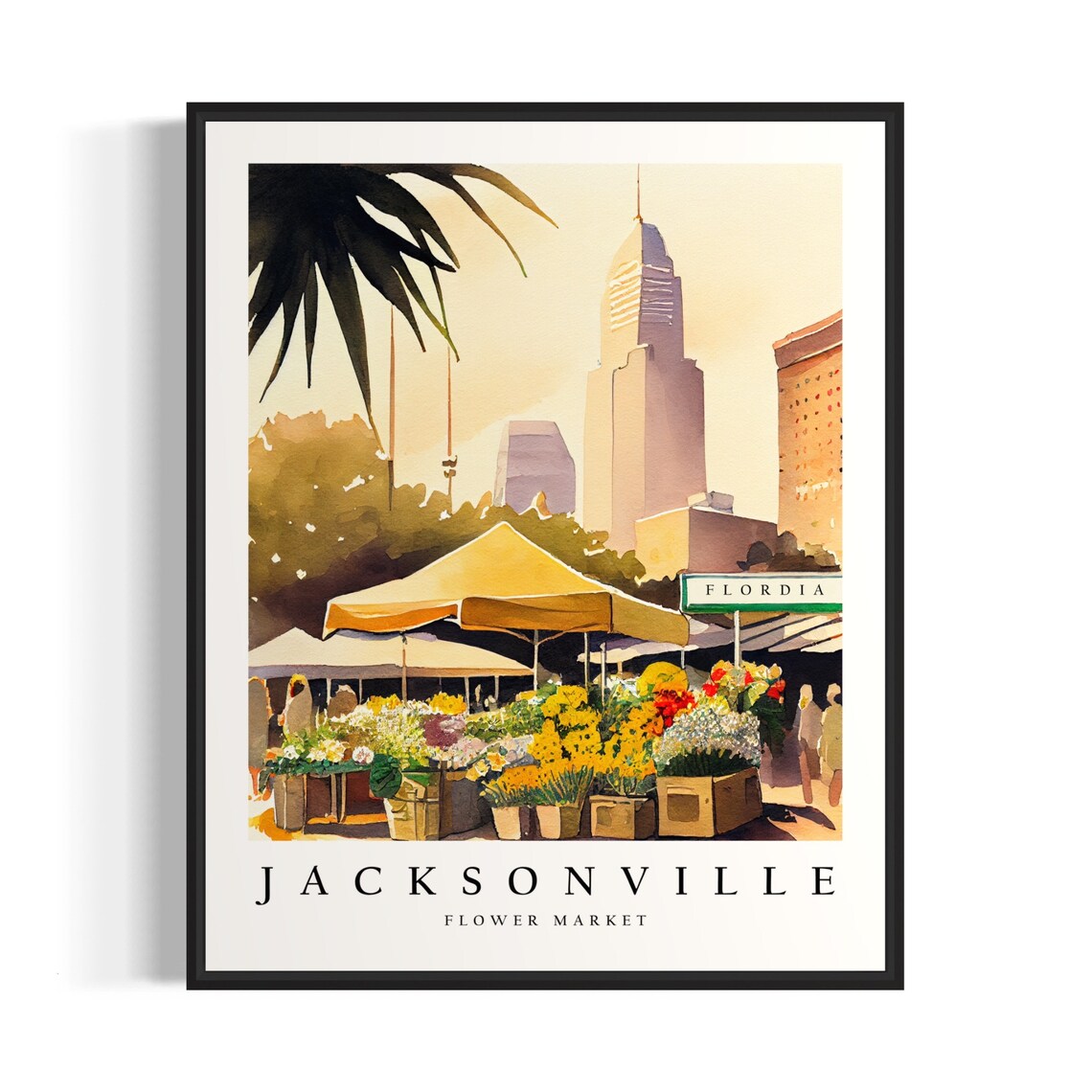 Jacksonville Florida Flower Market Watercolor City Skyline Wall Art