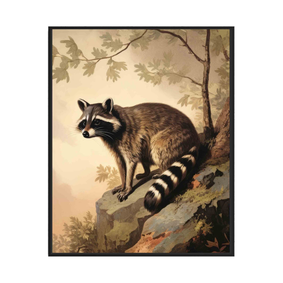 Raccoon on Forest Rock Curious Vintage Woodland Wildlife Poster