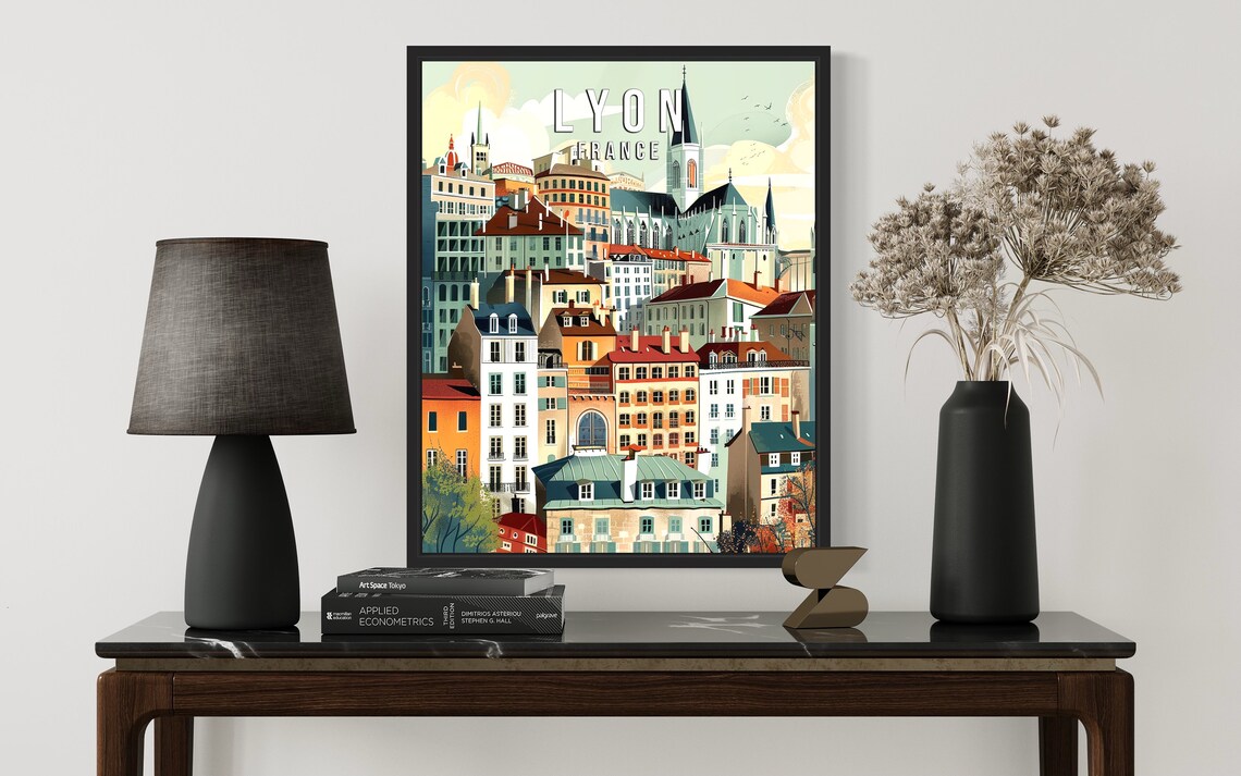 Lyon France Illustrated Cathedral Spires and Rooftops City View Poster - Image 2