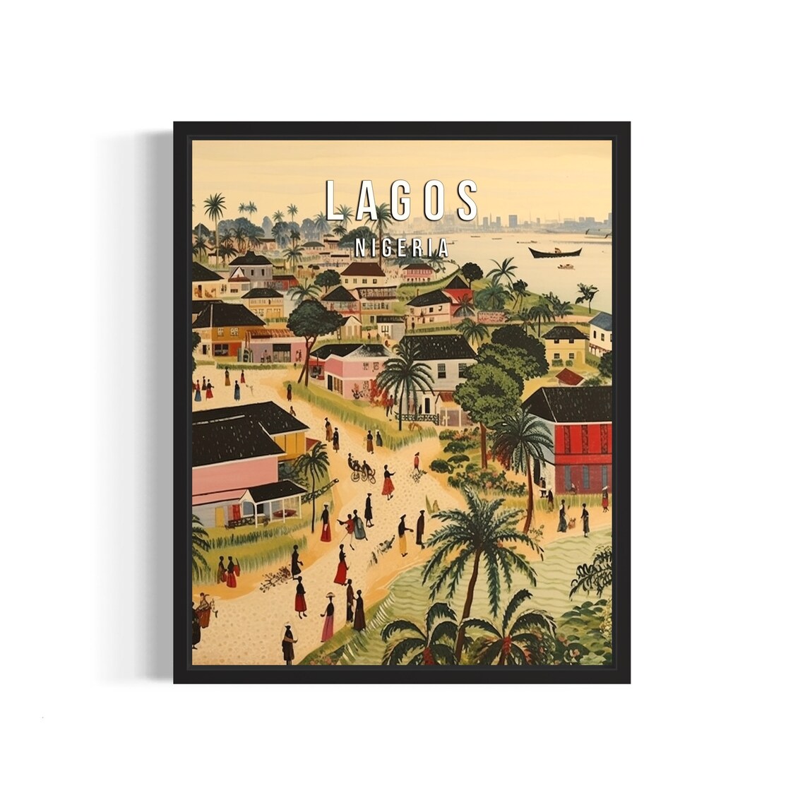 Lagos Nigeria Folk Art Street Scene Vintage City Travel Poster