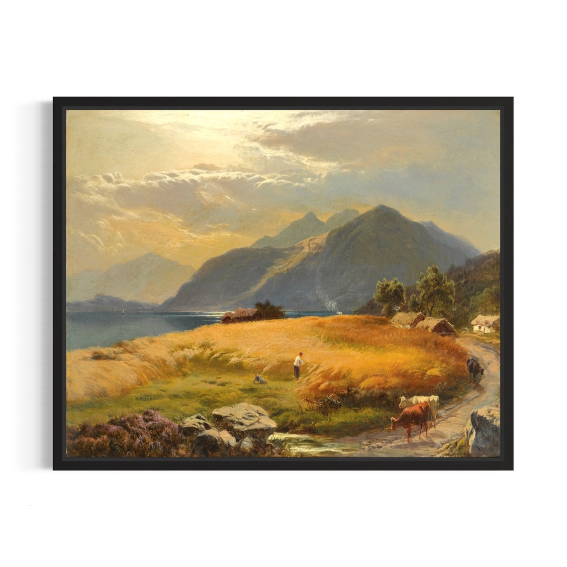 Wheat Harvest Field By Lake Mountains Vintage Farm Art Poster