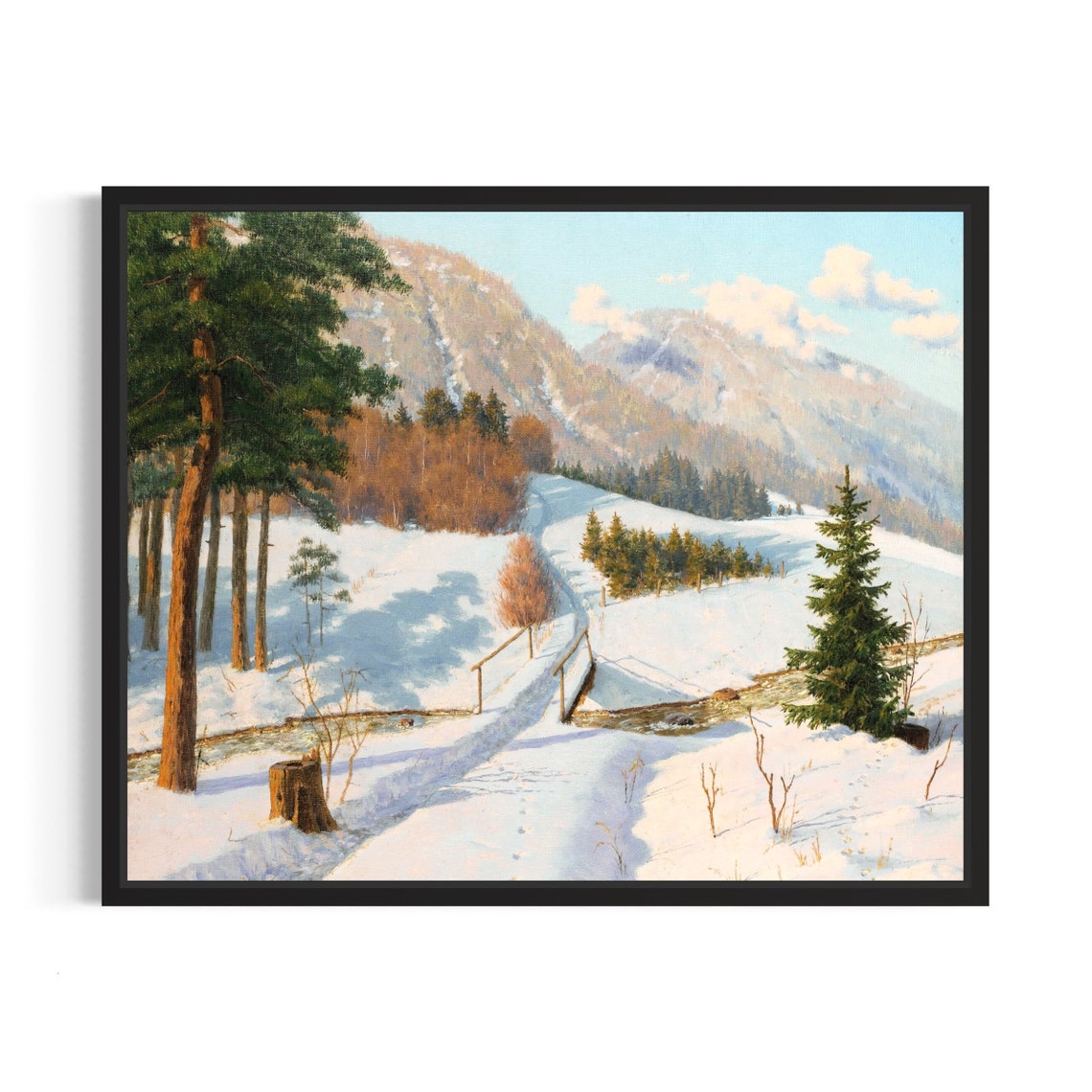 Sunlit Snowy Alpine Valley Vintage Winter Landscape Painting Poster