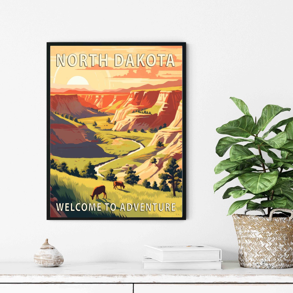 North Dakota Badlands Bison Prairie Valley Adventure Travel Poster - Image 3