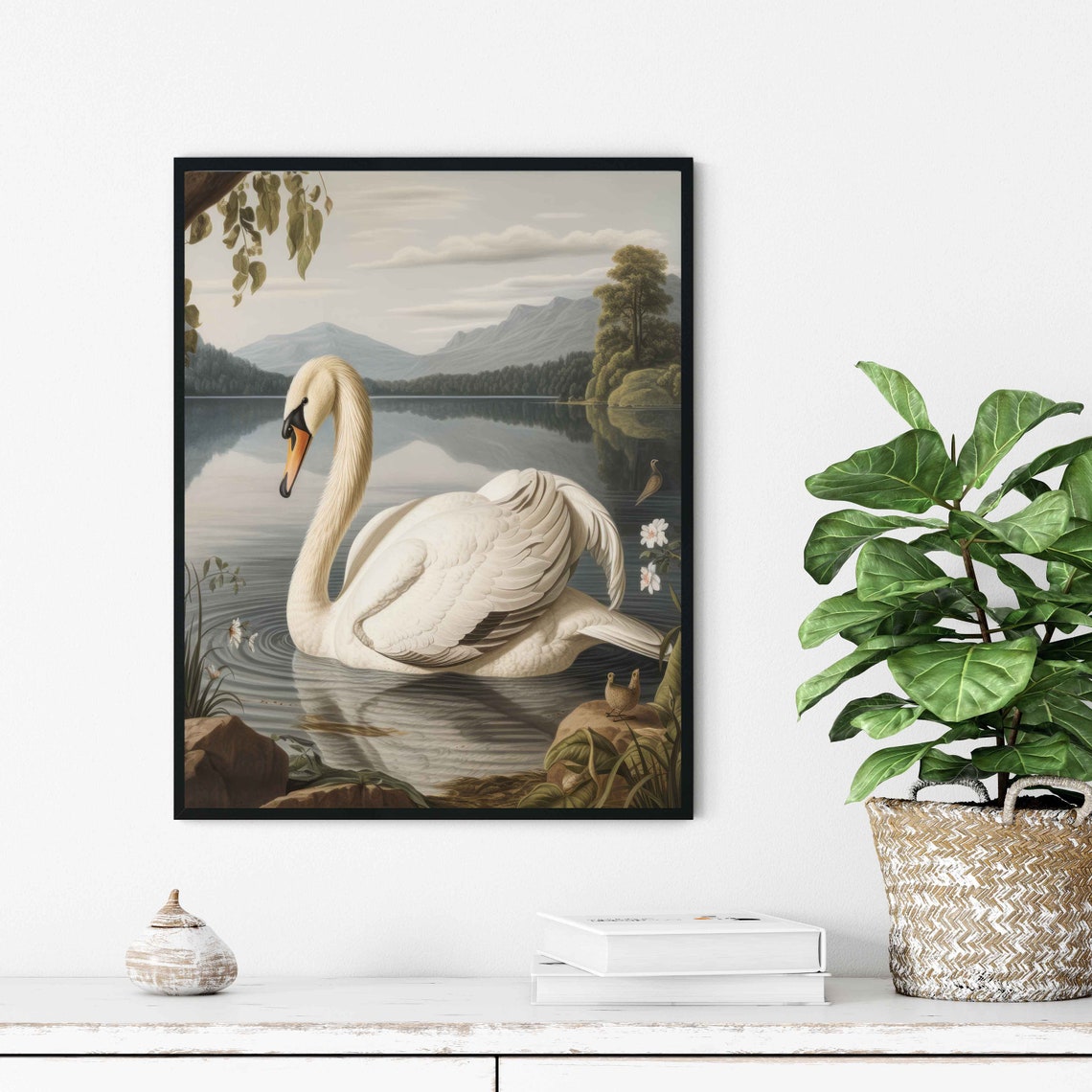 White Swan on Mountain Lake Vintage Wildlife Illustration Poster - Image 3