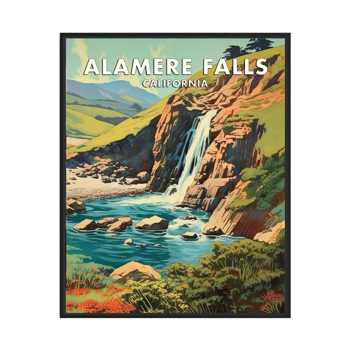 Alamere Falls California Coastal Tidefall Vintage Travel Poster