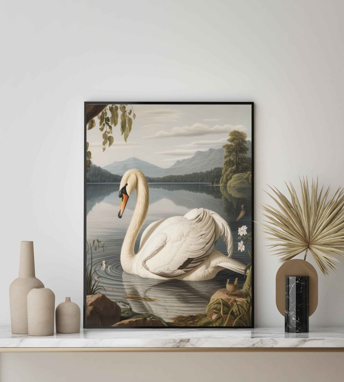 White Swan on Mountain Lake Vintage Wildlife Illustration Poster - Image 2