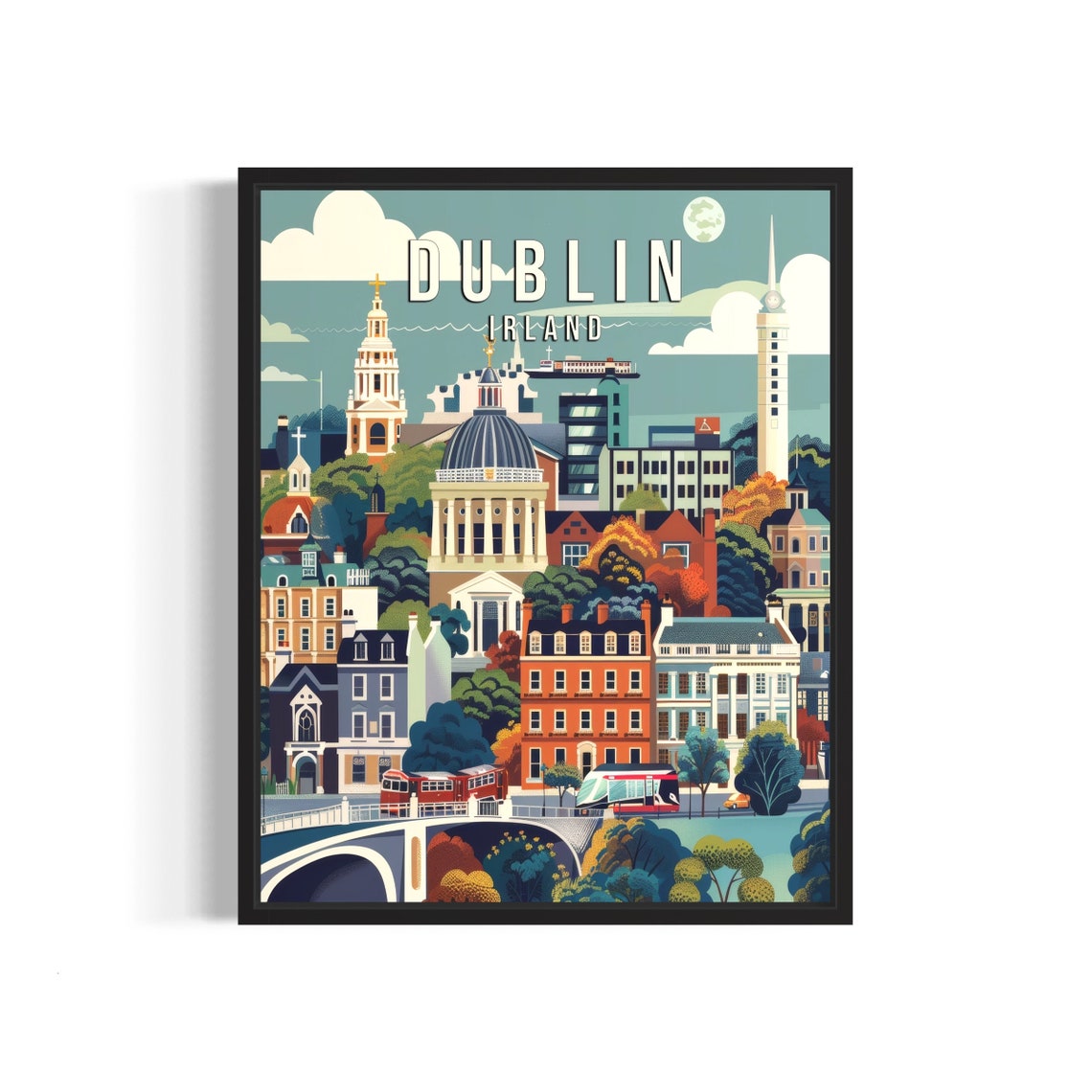 Charming Dublin Ireland Retro City Skyline Illustrated Travel Poster