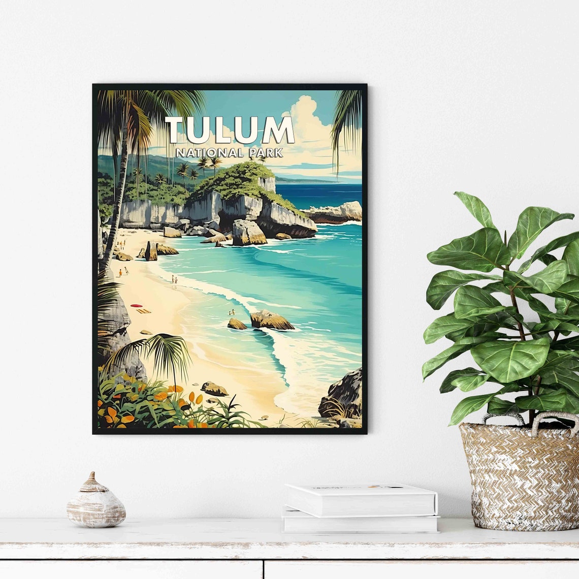 Tulum National Park Turquoise Beach Cliffs Palm Retro Travel Poster - Image 3