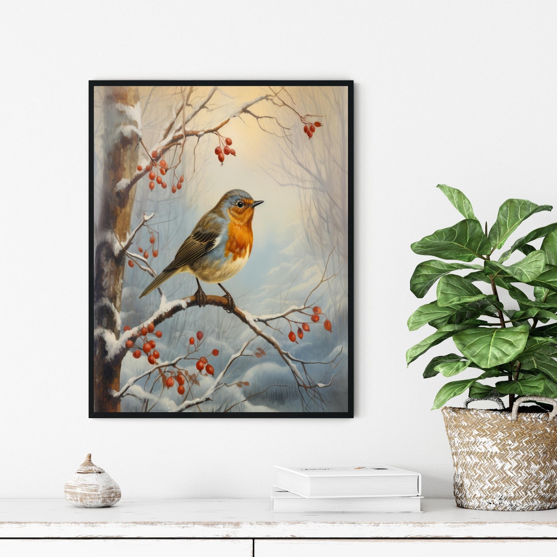 European Robin in a Snowy Winter Scene With Red Berries Bird Poster - Image 3