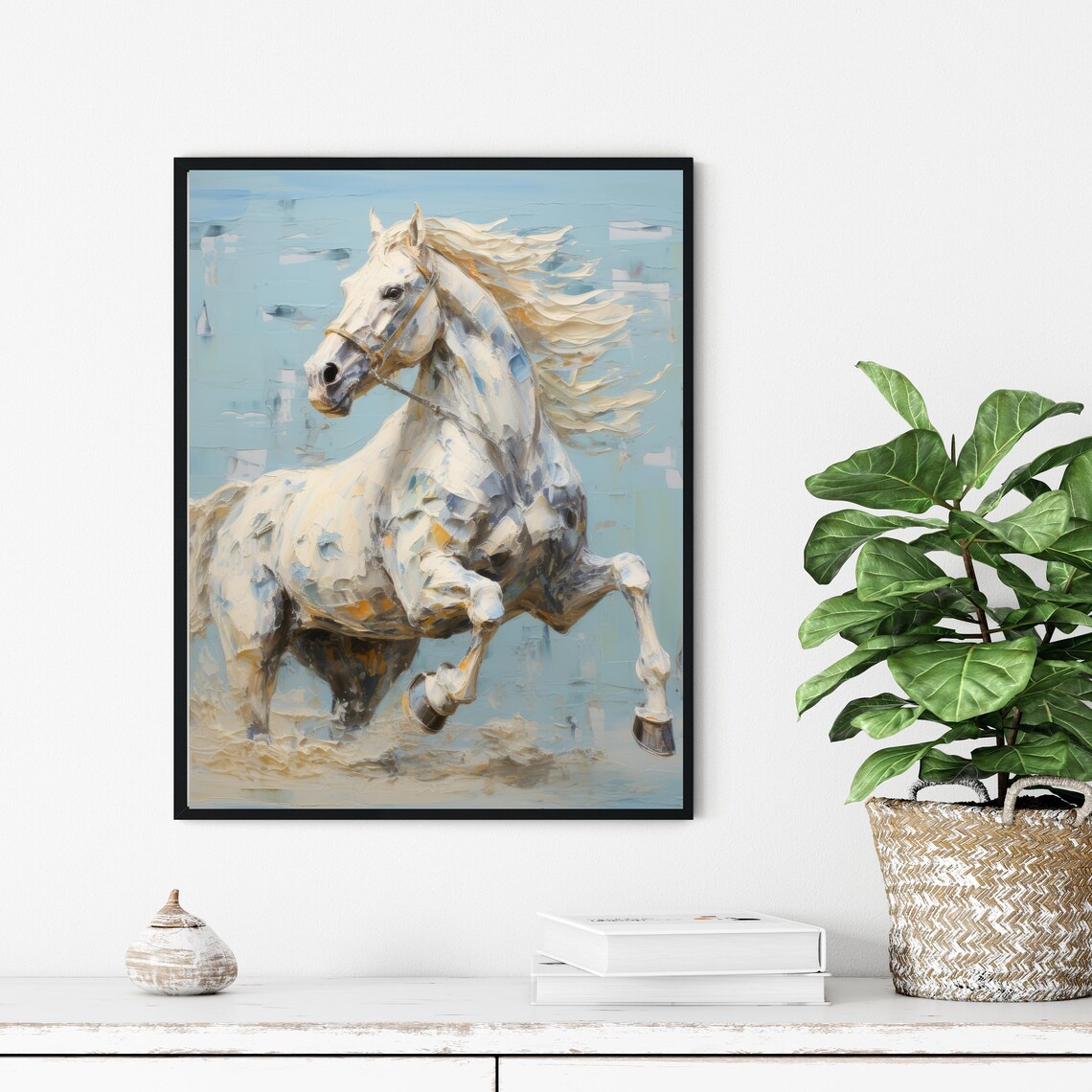 White Horse Galloping Equestrian Oil Painting Wildlife Art Print - Image 3