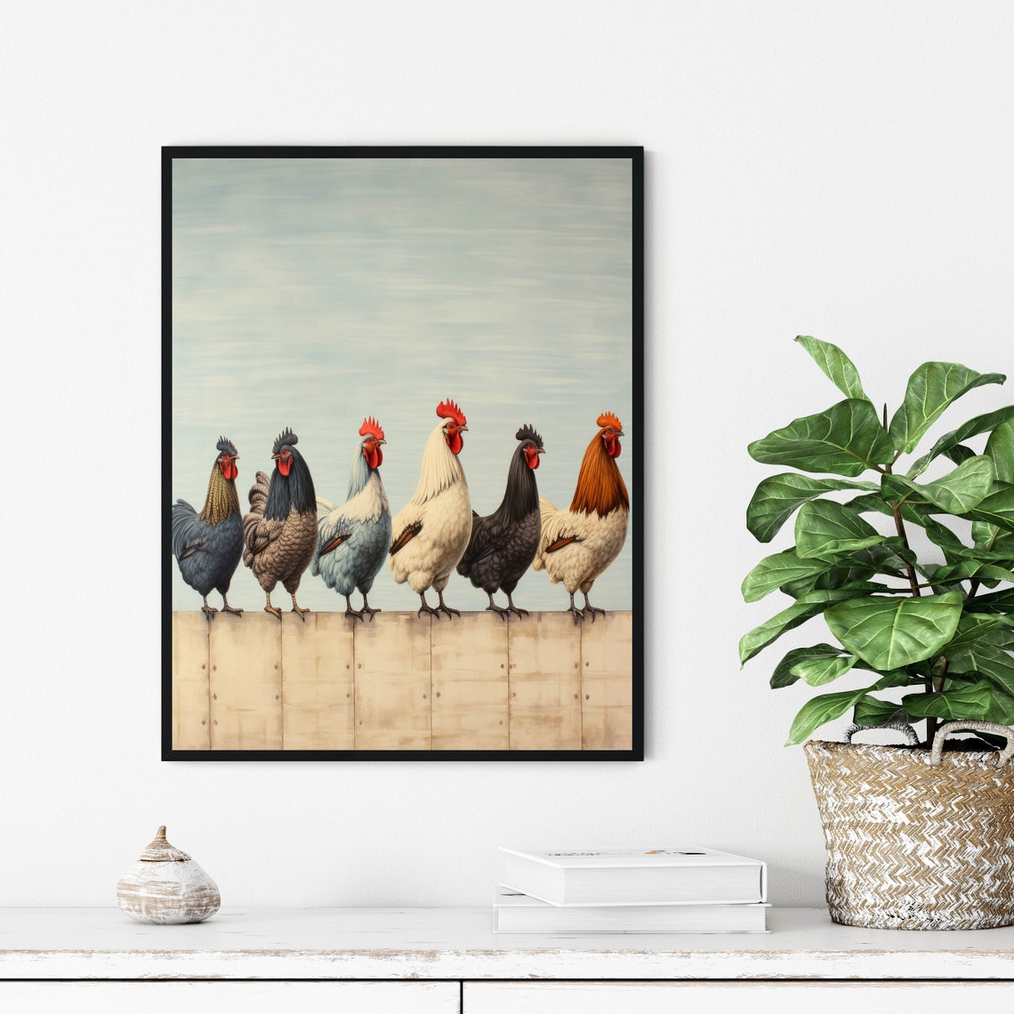 Six Colorful Roosters Lined Up On A Wooden Farm Fence Poster - Image 3