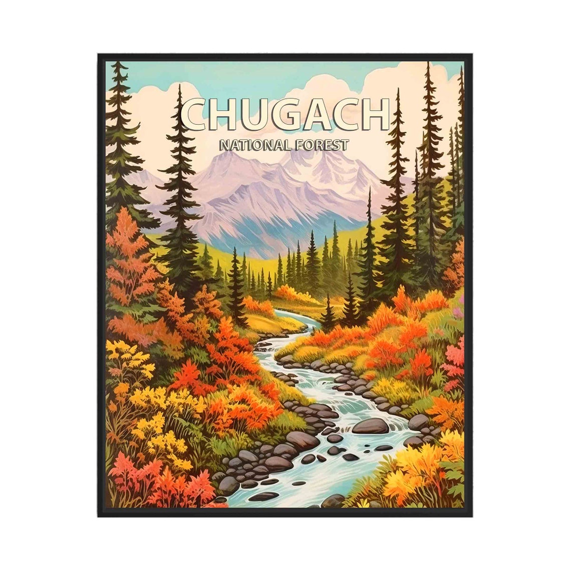 Chugach National Forest Vintage Travel Poster Autumn Mountain Stream