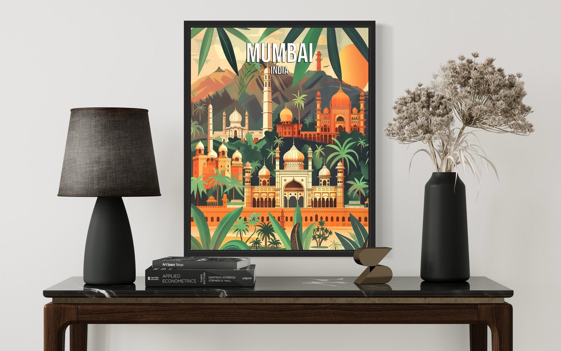 Mumbai India Retro Tropical Skyline Temple Domes Vintage Travel Poster - Image 2