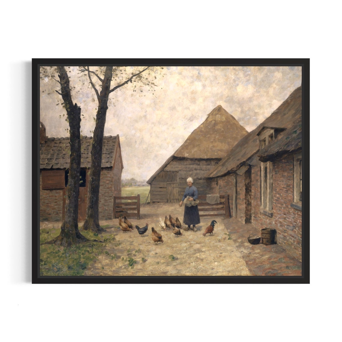 Woman Feeding Chickens In Old Brick Farmyard Vintage Art Poster