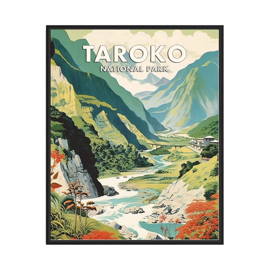 Taroko National Park Taiwan Marble Gorge River Retro Travel Poster