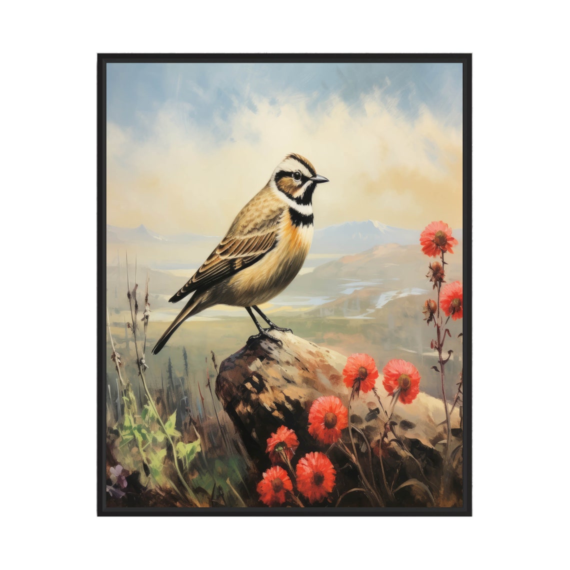 Horned Lark Perched on a Rock With Red Wildflowers Vintage Poster