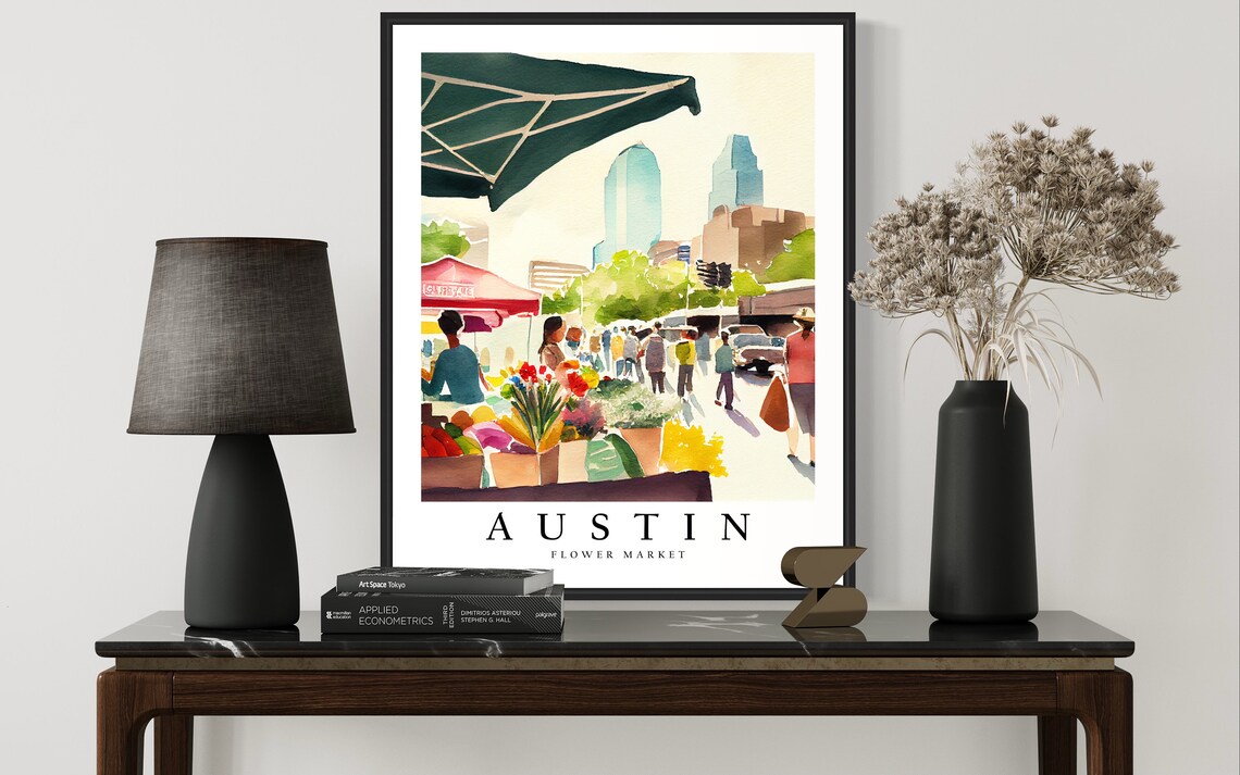 Austin Texas Flower Market Bustling Watercolor Travel Poster - Image 3