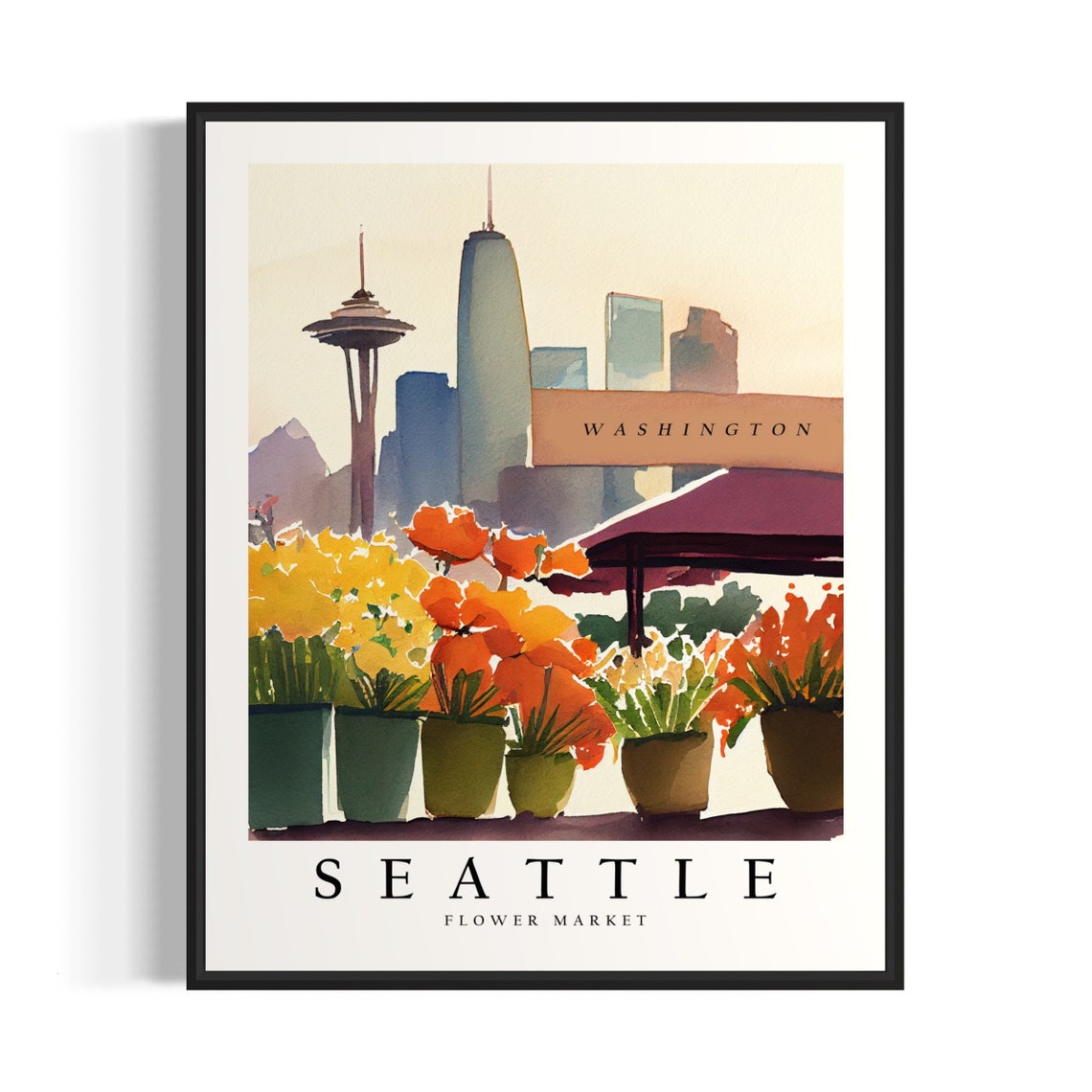 Seattle Flower Market Watercolor Poster Washington Skyline Travel Art