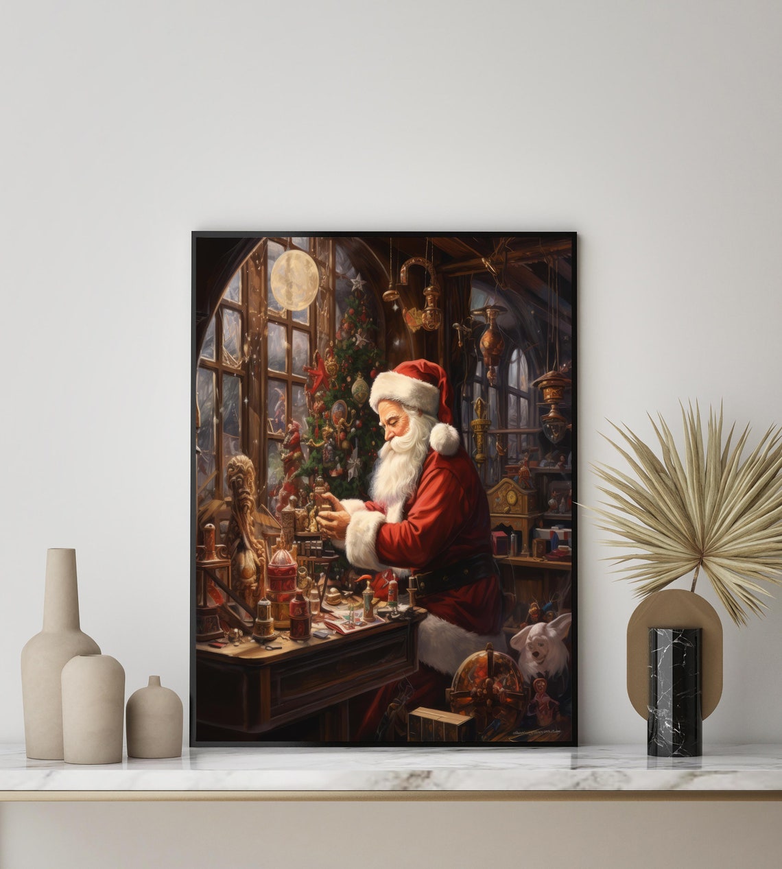 Santa Claus Workshop Toy Crafting Scene by Moonlight Christmas Poster - Image 2