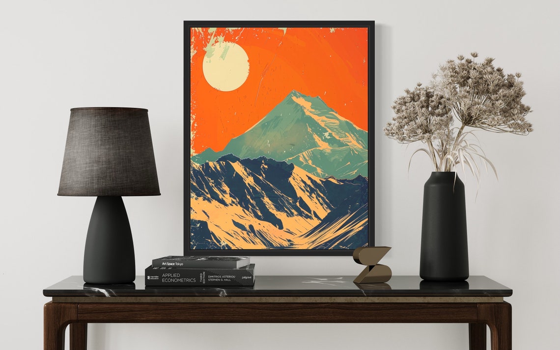 Denali Mountain Bold Orange Sun Modern Vintage Alpine Art Poster - Image 3