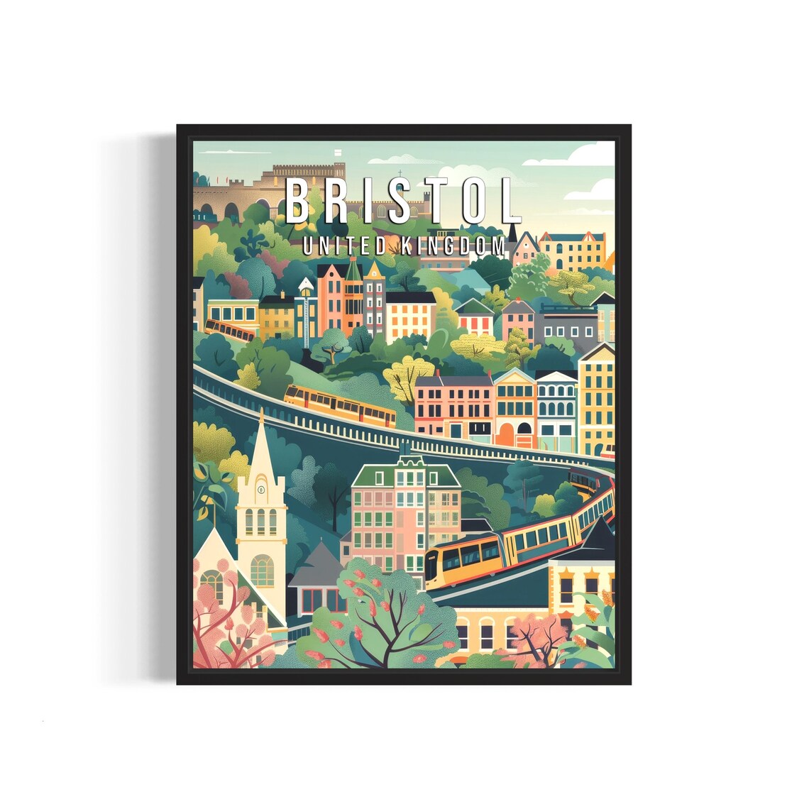 Bristol United Kingdom City Train Bridge Illustrated Travel Poster