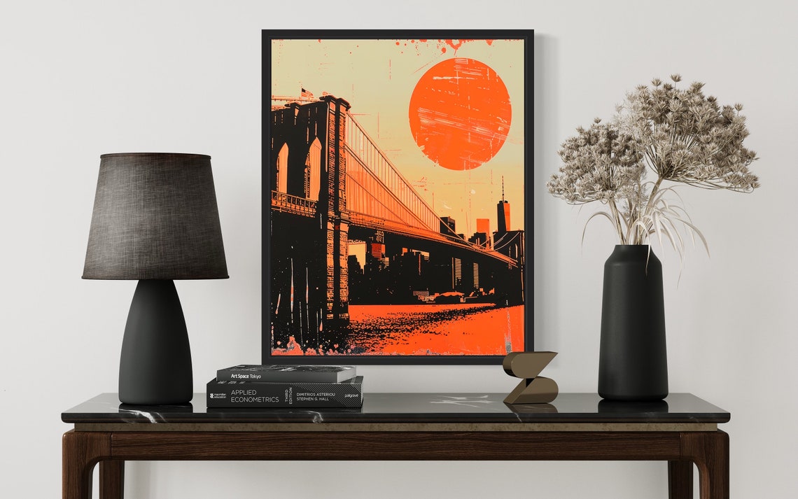 Brooklyn Bridge Sunset Bold Orange Pop Art New York City Poster - Image 3