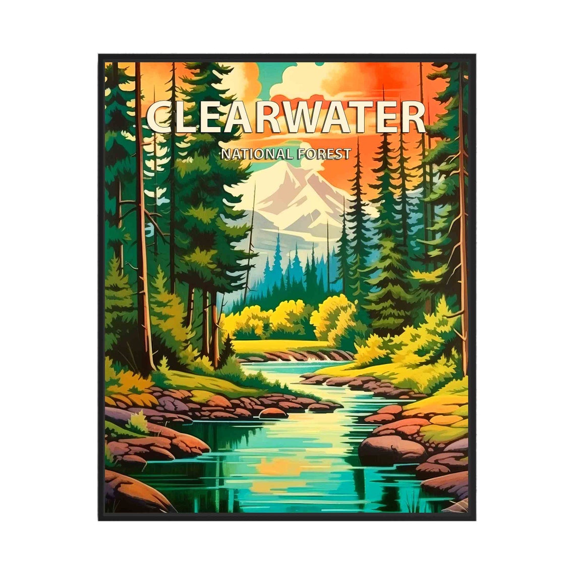 Clearwater National Forest River Sunset Glow Retro Travel Poster