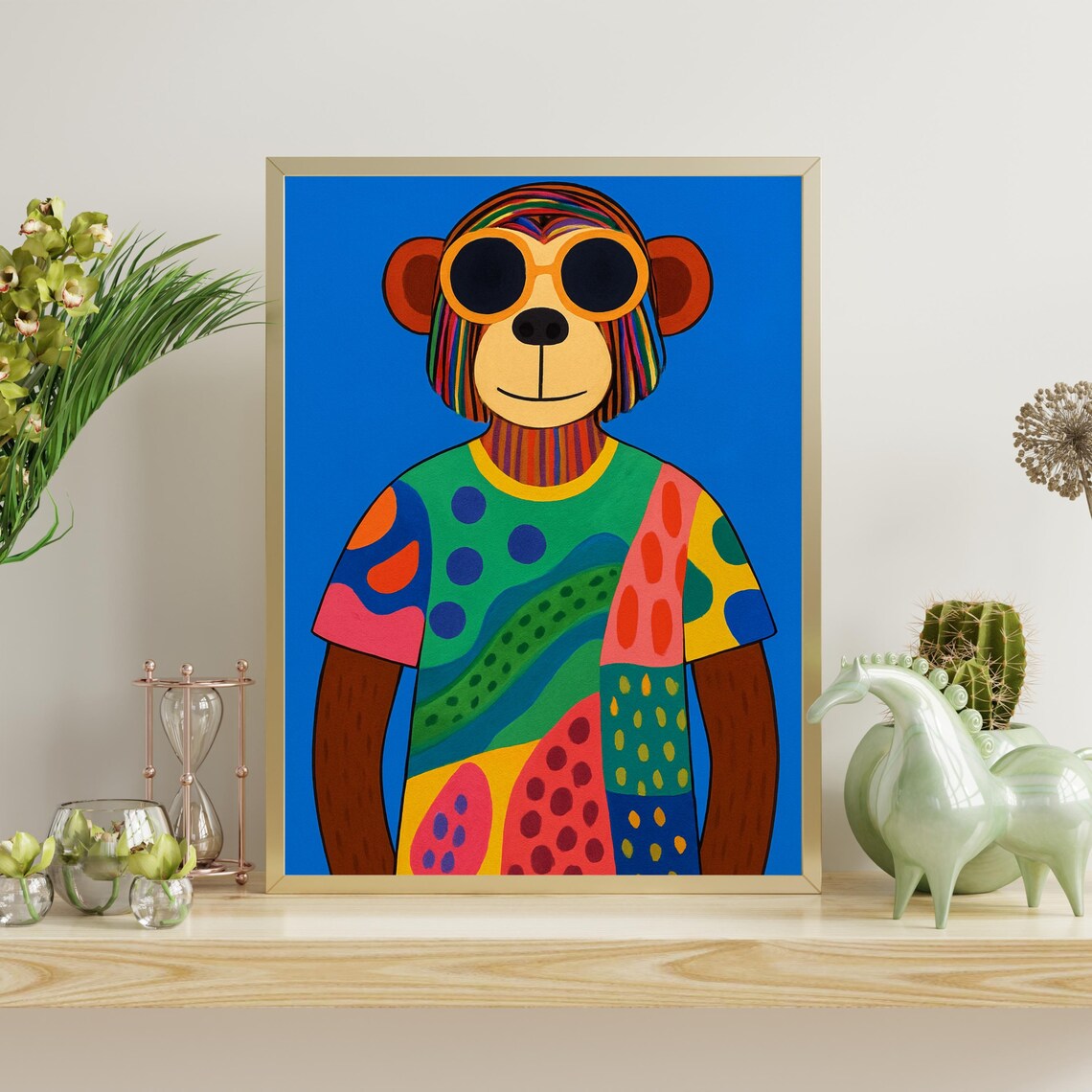 Cool Monkey Wall Art Funky Sunglasses Primate Illustration With Colorful Shirt For Modern Home Decor