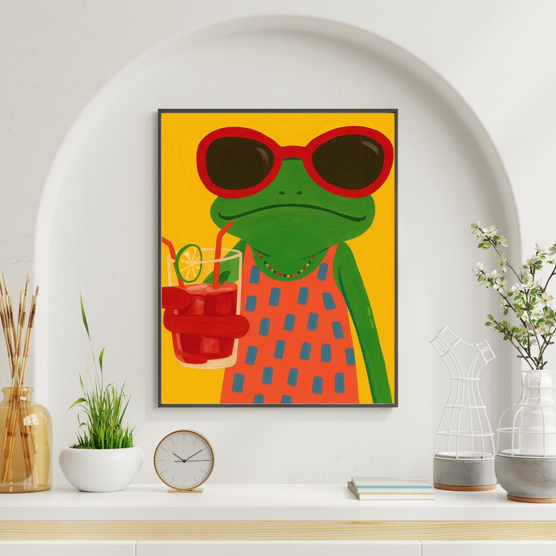 Funky Frog Wall Art Retro Style Cool Illustration In Sunglasses With Drink For Bold Home Decor