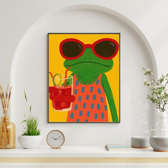 Funky Frog Wall Art Retro Style Cool Illustration In Sunglasses With Drink For Bold Home Decor