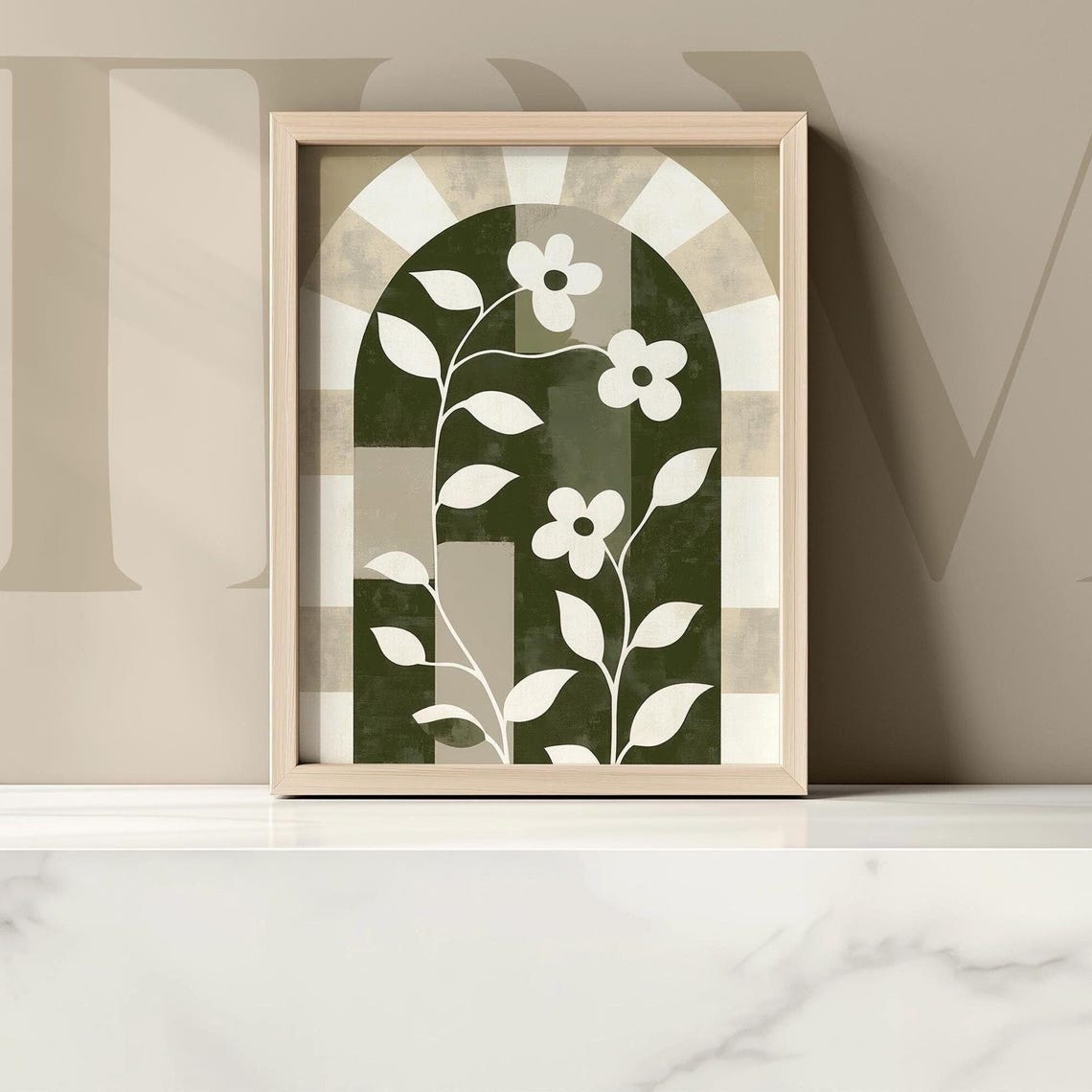 Earthy Green Arch with White Flowers Boho Botanical Art Poster