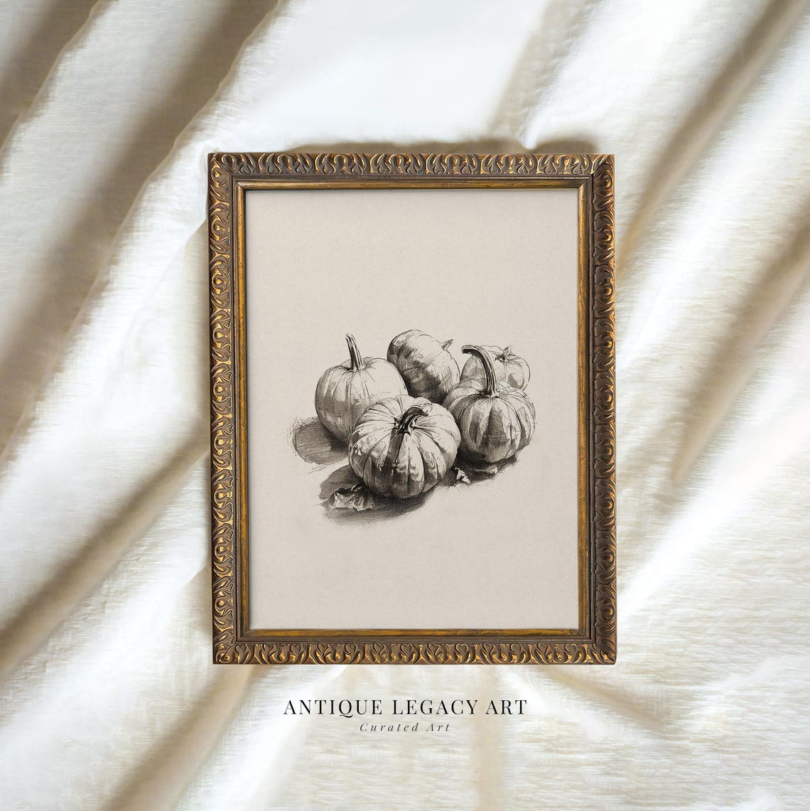Pumpkin Pencil Sketch Rustic Autumn Still Life Neutral Art Poster