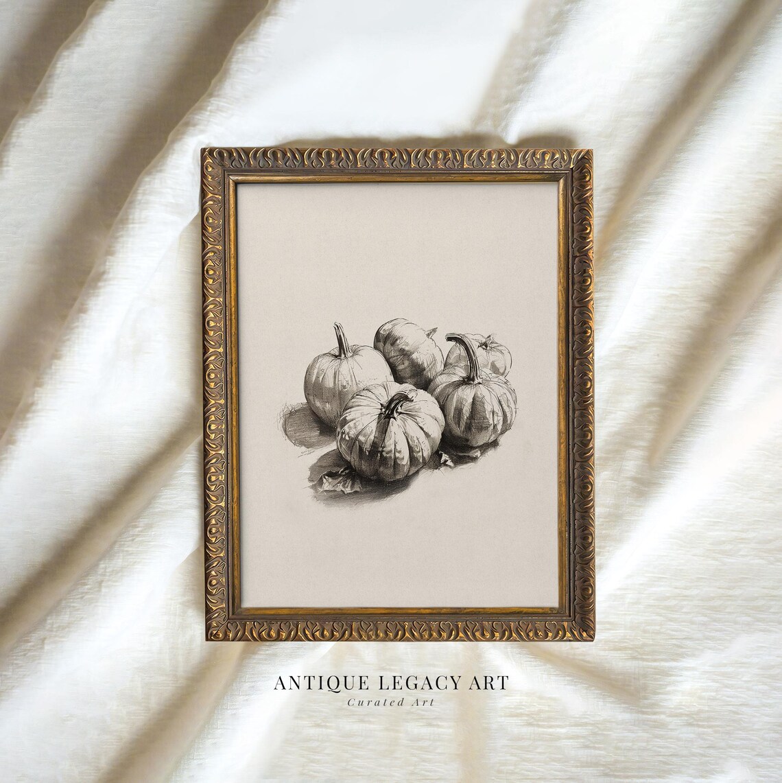 Vintage Pumpkin Fall Still Life Sketch Print Rustic Autumn Wall Art Thanksgiving Harvest Drawing Decor