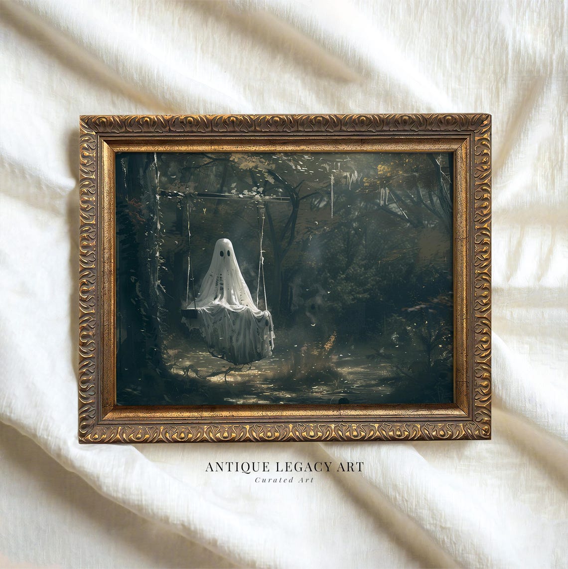 Cute Ghost On Swing Dark Forest Halloween Spooky Painting Poster