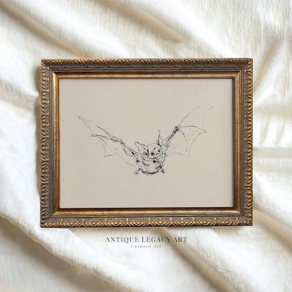 Vintage Halloween Bat Flying Drawing Print Gothic Ink Sketch Wall Art Creepy Spooky Dark Academia Decor